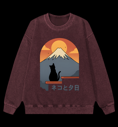Sunset Cat by Fuji Vintage Washed 100% Cotton Sweatshirt - TheDrunkShark