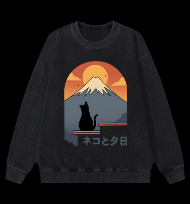 Sunset Cat by Fuji Vintage Washed 100% Cotton Sweatshirt - TheDrunkShark