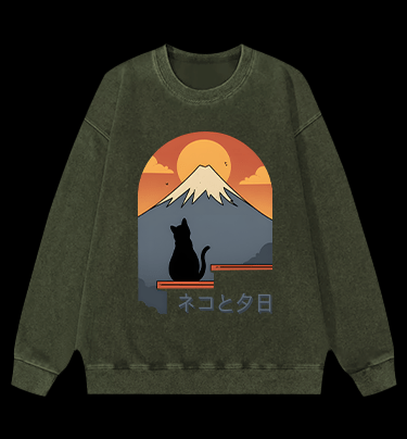 Sunset Cat by Fuji Vintage Washed 100% Cotton Sweatshirt - TheDrunkShark