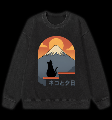 Sunset Cat by Fuji Vintage Washed 100% Cotton Sweatshirt - TheDrunkShark
