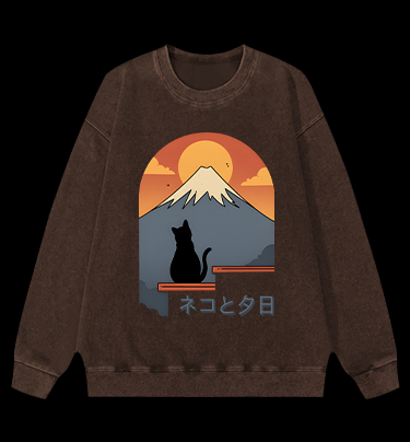 Sunset Cat by Fuji Vintage Washed 100% Cotton Sweatshirt - TheDrunkShark