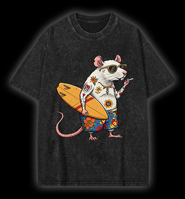 Surfing Rat Mouse Vintage Washed 100% Cotton T-Shirt - TheDrunkShark