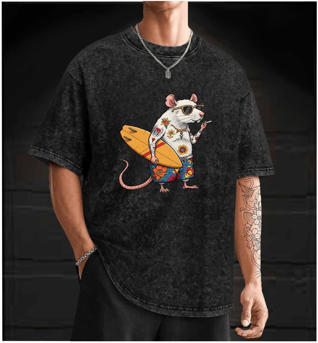 Surfing Rat Mouse Vintage Washed 100% Cotton T-Shirt - TheDrunkShark