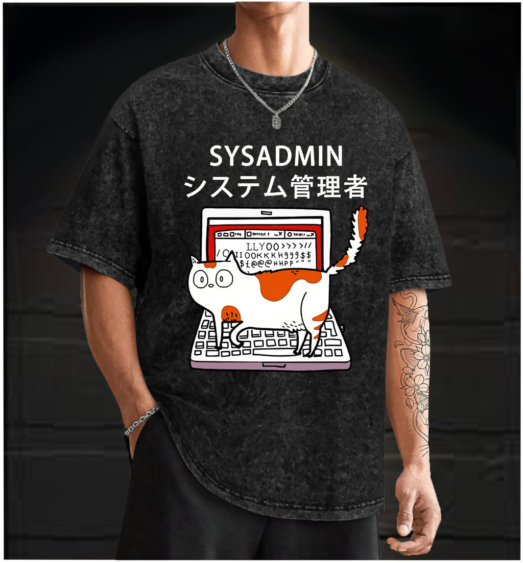  SYSADMIN  Cat Vintage Washed 100% Cotton T-Shirt - TheDrunkShark