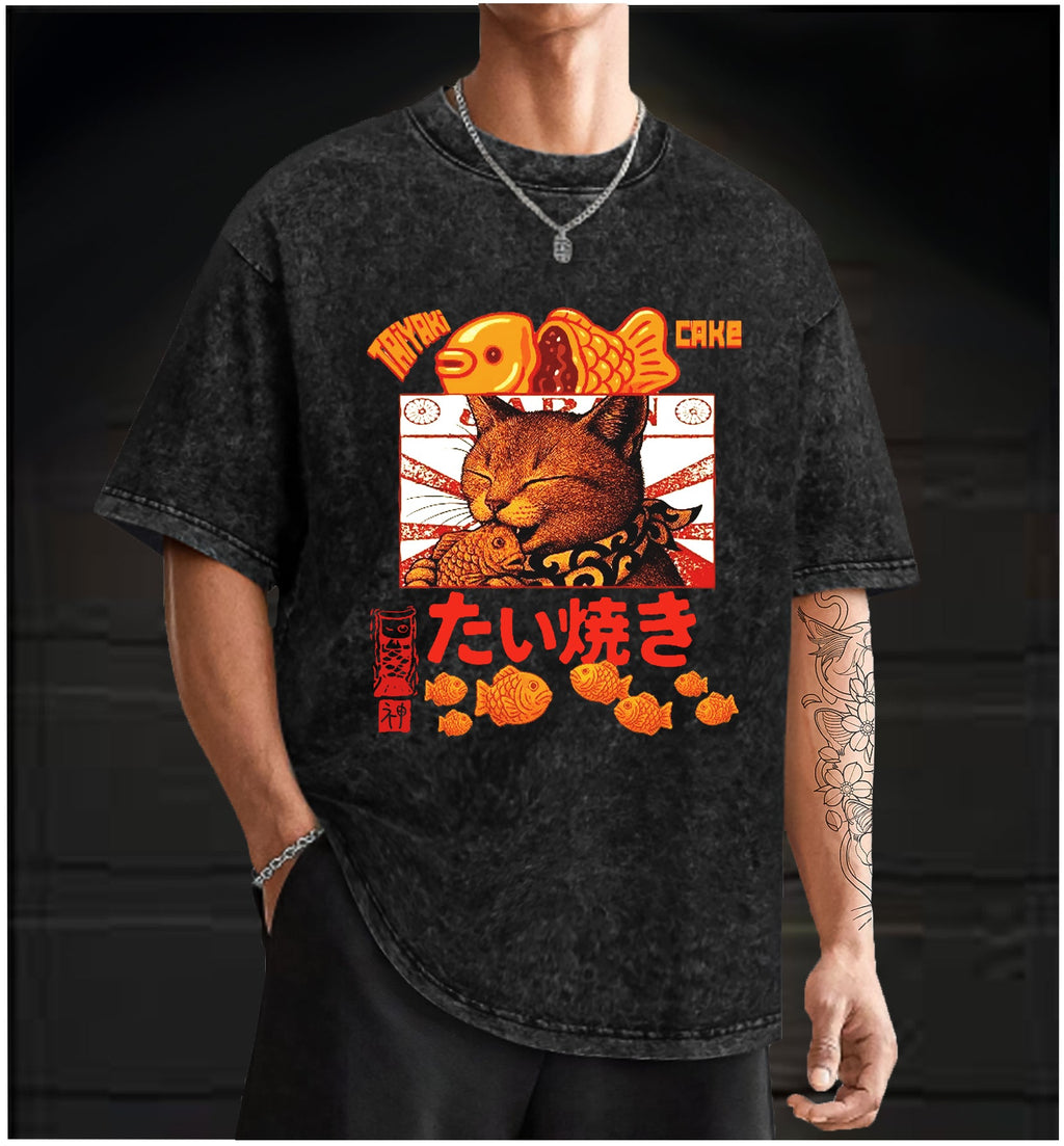  Taiyaki Cat  Monster Vintage Washed 100% Cotton T-Shirt - TheDrunkShark