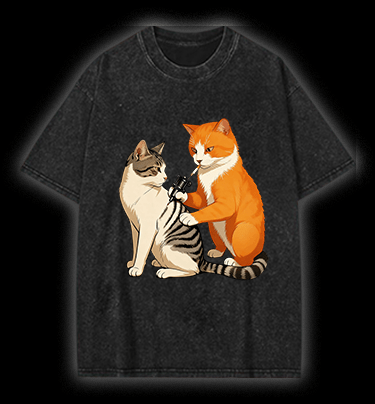 Tattooed Cat Vintage Washed 100% Cotton T-Shirt - TheDrunkShark