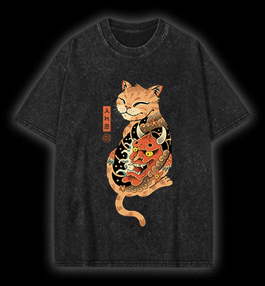 Tattooed Cat Vintage Washed 100% Cotton T-Shirt - TheDrunkShark