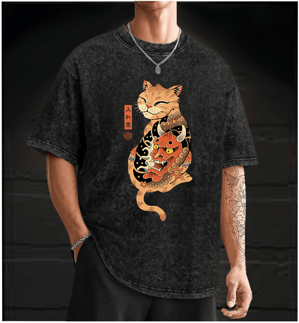 Tattooed Cat Vintage Washed 100% Cotton T-Shirt - TheDrunkShark