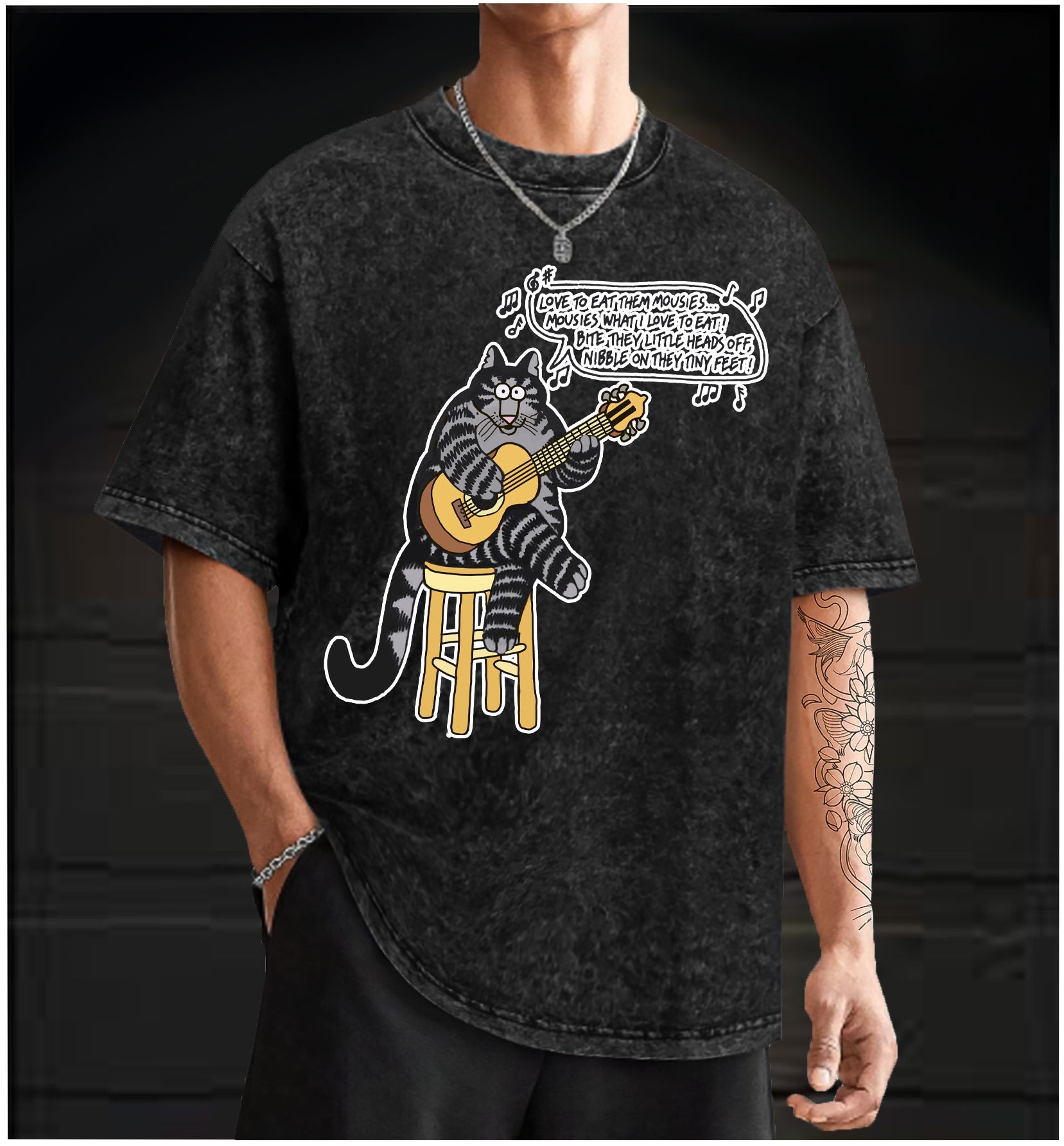  The Cat and Its Guitar  Vintage Washed 100% Cotton T-Shirt - TheDrunkShark