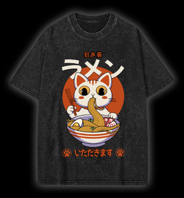 The Cat Eating Ramen Vintage Washed 100% Cotton T-Shirt - TheDrunkShark