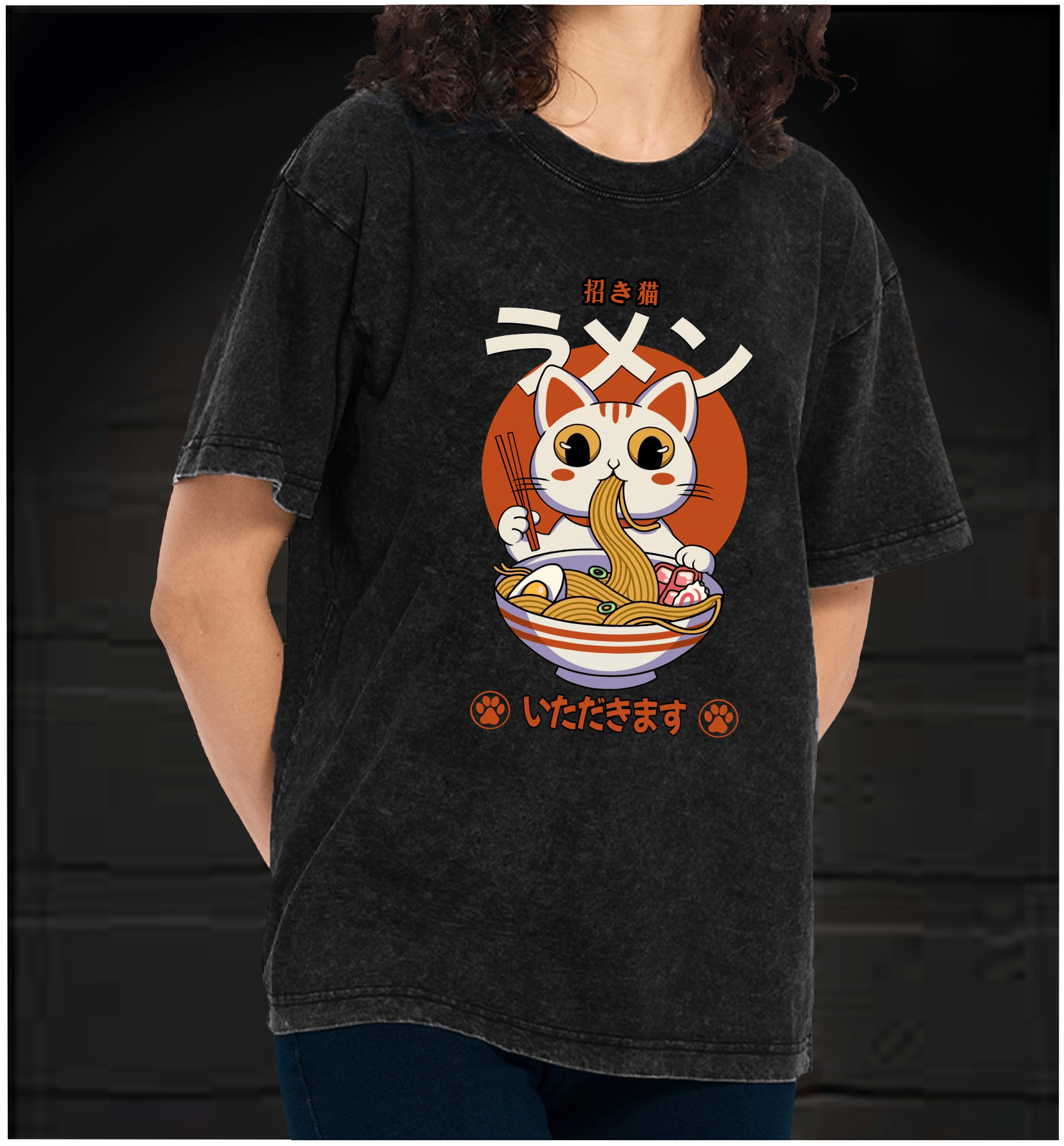 The Cat Eating Ramen Vintage Washed 100% Cotton T-Shirt - TheDrunkShark