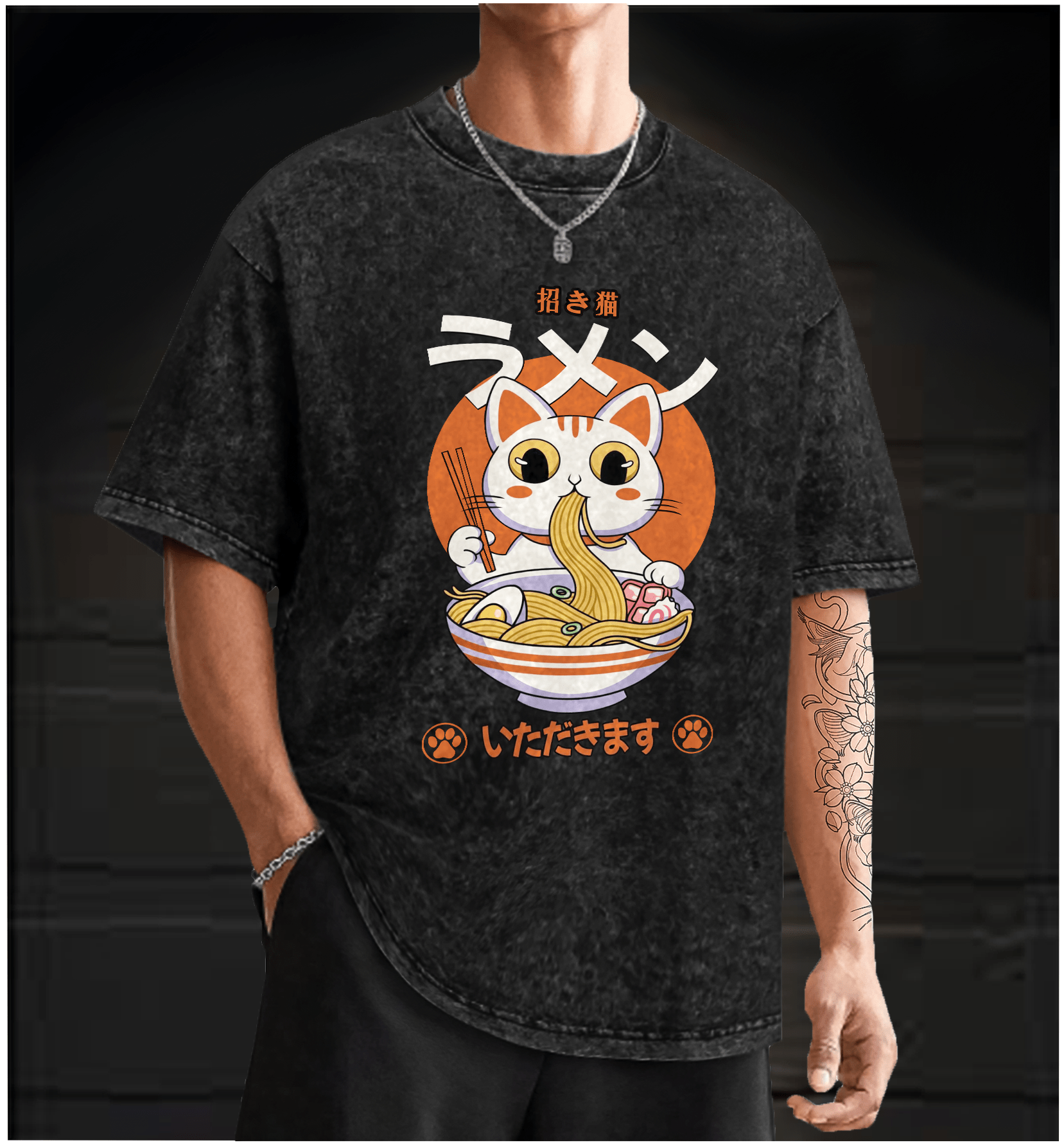 The Cat Eating Ramen Vintage Washed 100% Cotton T-Shirt - TheDrunkShark