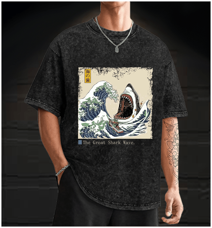  The Great Shark Wave. Vintage Washed 100% Cotton T-Shirt - TheDrunkShark