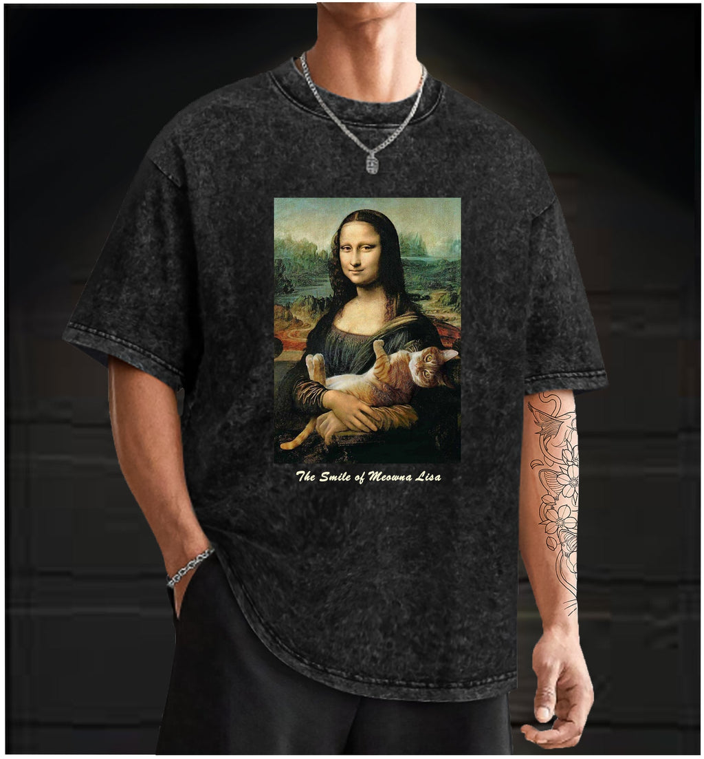  The Smile of Meowna Lisa Cat Vintage Washed 100% Cotton T-Shirt - TheDrunkShark