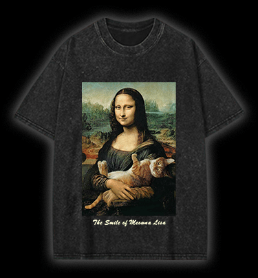  The Smile of Meowna Lisa Cat Vintage Washed 100% Cotton T-Shirt - TheDrunkShark