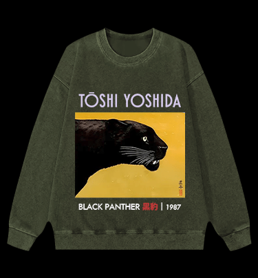 Toshi Yoshida Black Panther Vintage Washed 100% Cotton Sweatshirt - TheDrunkShark