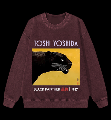 Toshi Yoshida Black Panther Vintage Washed 100% Cotton Sweatshirt - TheDrunkShark