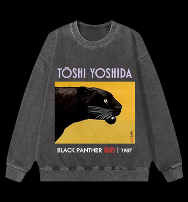 Toshi Yoshida Black Panther Vintage Washed 100% Cotton Sweatshirt - TheDrunkShark