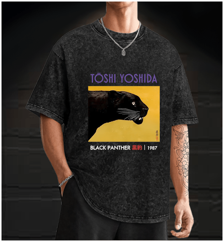 Toshi Yoshida Black Panther Vintage Washed 100% Cotton T-Shirt - TheDrunkShark