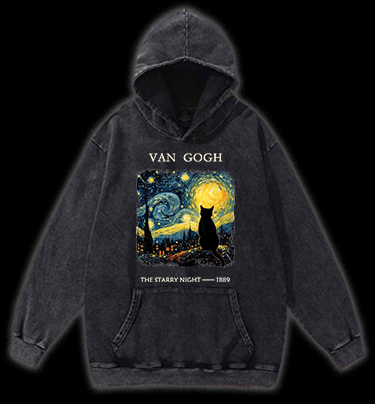 Van Gogh and Cat Vintage Washed 100% Cotton Hoodie - TheDrunkShark