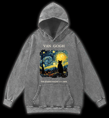 Van Gogh and Cat Vintage Washed 100% Cotton Hoodie - TheDrunkShark
