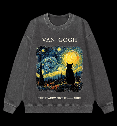 Van Gogh and Cat Vintage Washed 100% Cotton Sweatshirt - TheDrunkShark