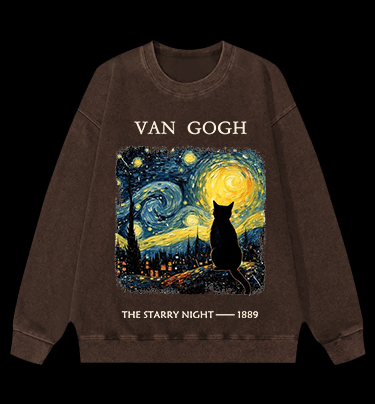 Van Gogh and Cat Vintage Washed 100% Cotton Sweatshirt - TheDrunkShark