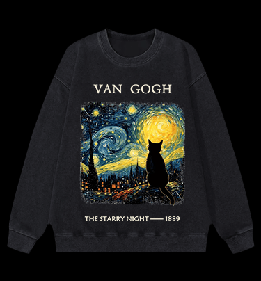 Van Gogh and Cat Vintage Washed 100% Cotton Sweatshirt - TheDrunkShark