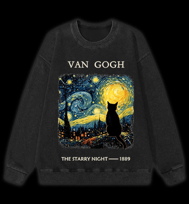 Van Gogh and Cat Vintage Washed 100% Cotton Sweatshirt - TheDrunkShark