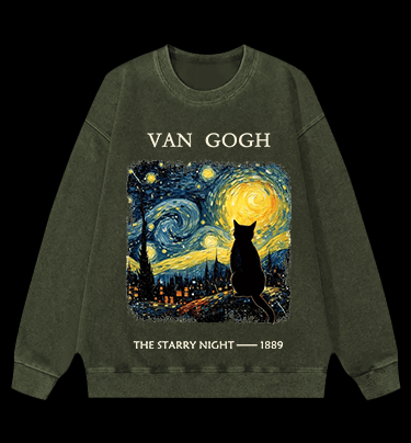 Van Gogh and Cat Vintage Washed 100% Cotton Sweatshirt - TheDrunkShark