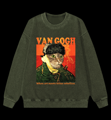 Van Gogh Cat Art Vintage Washed 100% Cotton Sweatshirt - TheDrunkShark