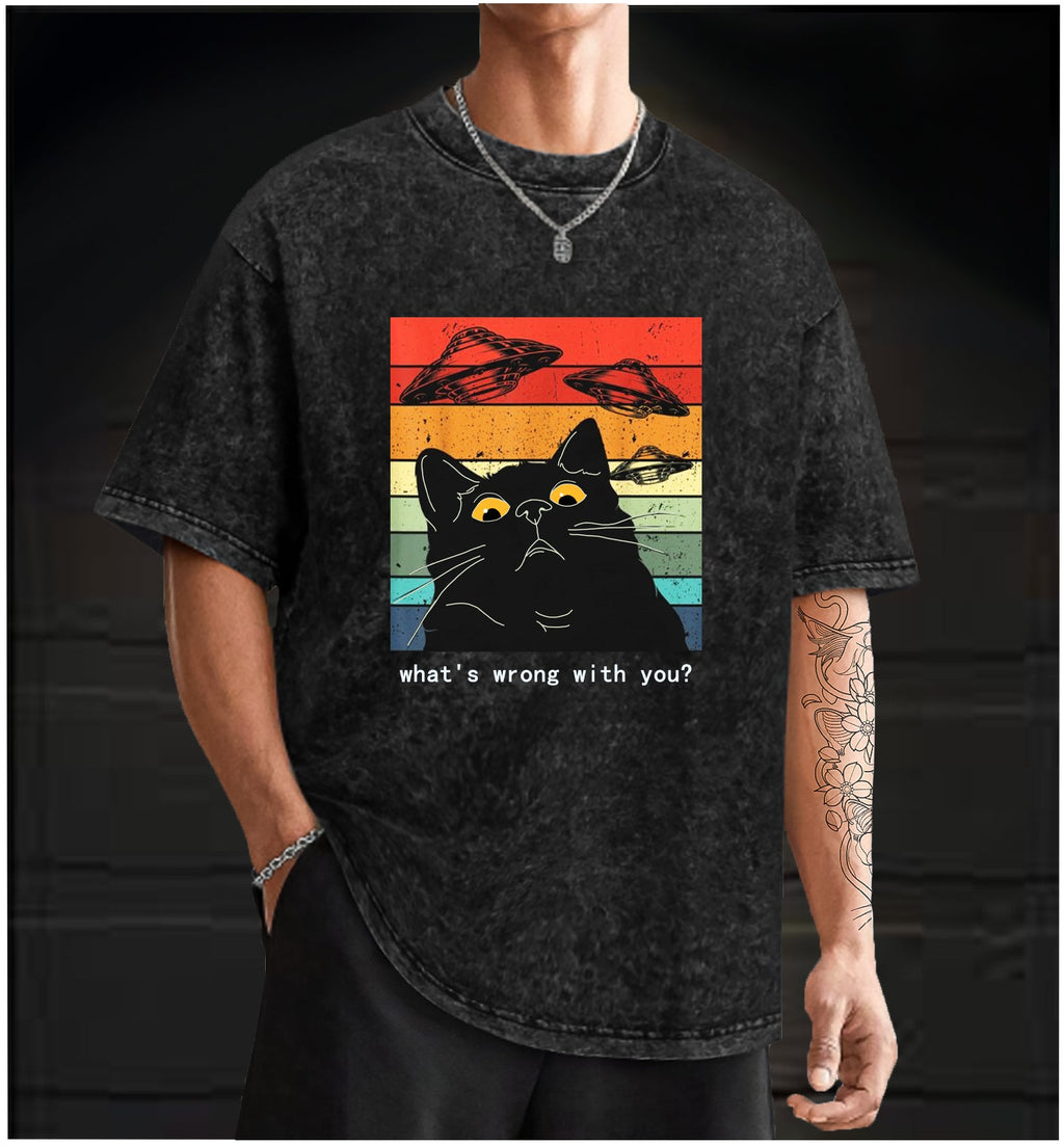  Whimsical Cat - UFO Vintage Washed 100% Cotton T-Shirt - TheDrunkShark