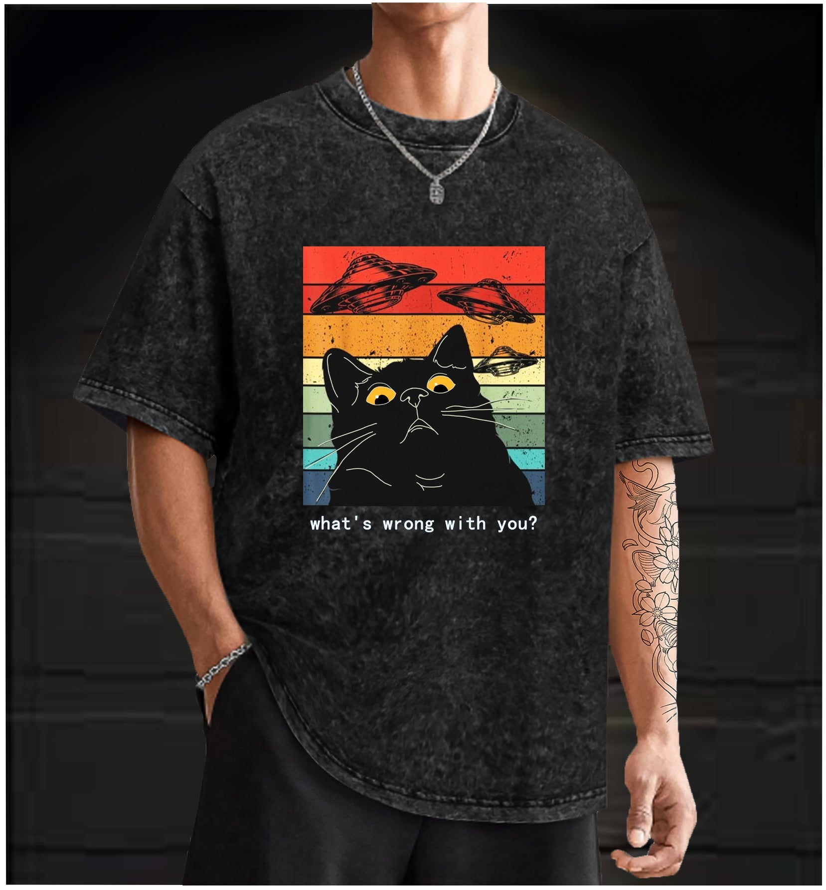  Whimsical Cat - UFO Vintage Washed 100% Cotton T-Shirt - TheDrunkShark